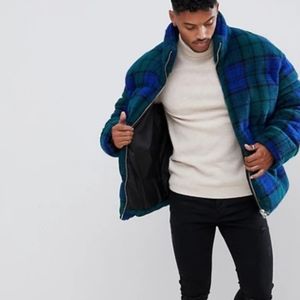 Asos Nwt Borg Puffer Coat Blue Check Size 3xl Long